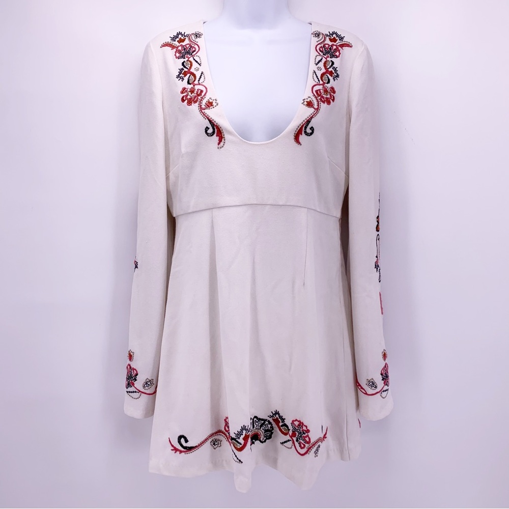 Free People Cream Embroidered Long-Sleeve Mini Dress